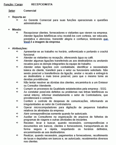 Modelo de Descrição de Cargo - Recepcionista Telefonista