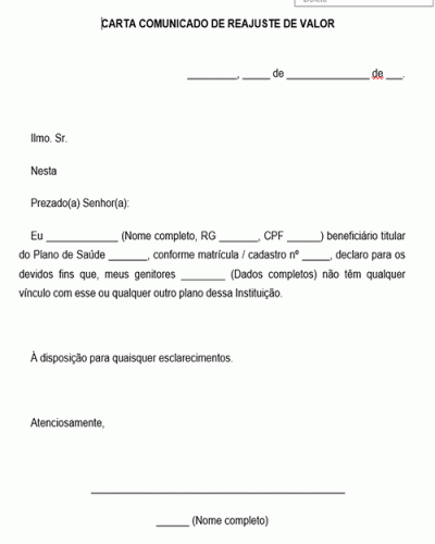 Modelo de Declaração Comunicado Genitor não vinculado ao plano de saúde