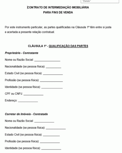 Modelo de Contrato de Intermediação Imobiliária para fins de venda do imóvel