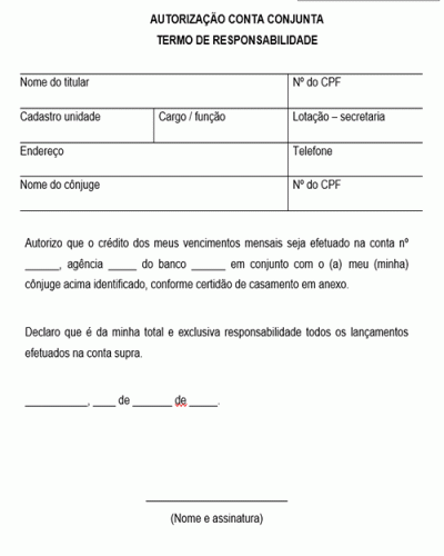 Modelo de Autorização de Conta Conjunta Termo de Responsabilidade