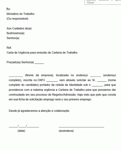 Modelo de Carta de Urgência para emissão da Carteira de Trabalho CTPS