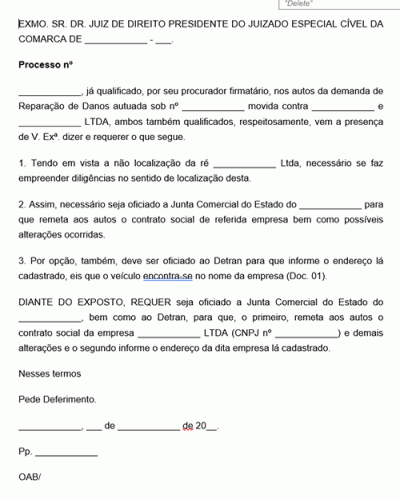 Modelo de Pedido Diligências para localização de ré