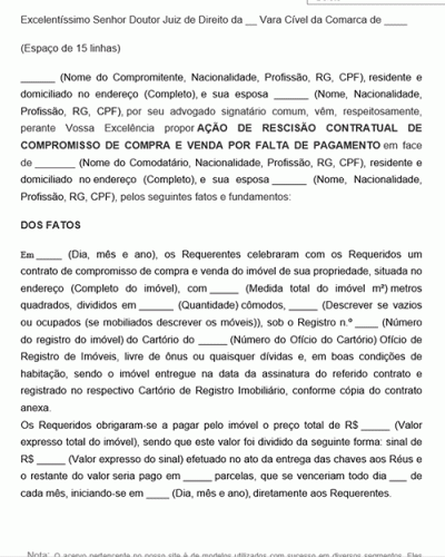 Modelo de Ação Rescisão contratual de compromisso de compra e venda por falta de pagamento cc reintegração de posse Novo CPC Lei 13.105.2015