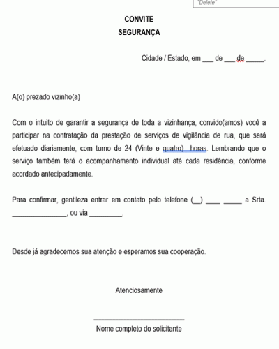 Modelo de Convite aos moradores para contratação de vigilância de rua