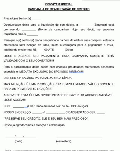 Modelo de Carta convite para cliente renegociação de dívida campanha de reabilitação de crédito