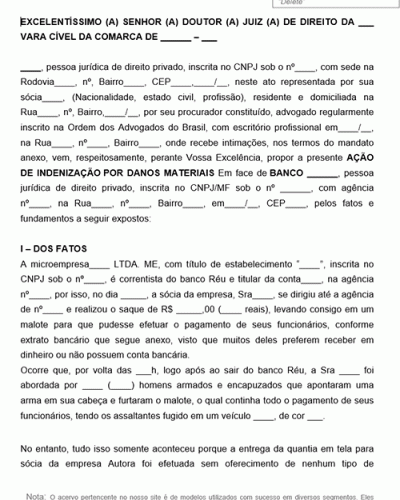 Modelo de Ação de indenização por Danos Materiais pela prática de saidinha bancária banco