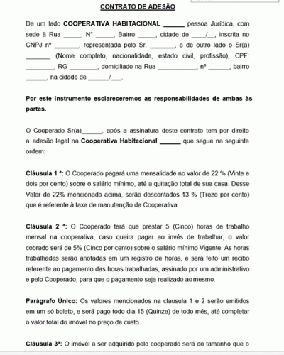 Modelo de Contrato de Adesão de Cooperativa Habitacional