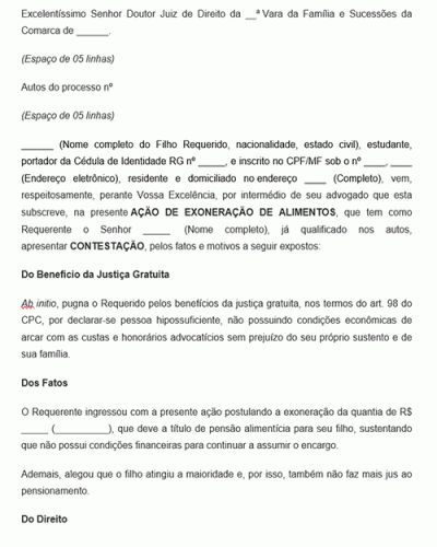 Modelo de Contestação à Ação de Exoneração de Alimentos Novo CPC Lei 13.105.15