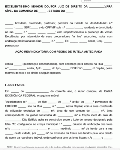 Modelo de Ação Reinvidicatória com pedido de tutela antecipada posse clandestina de propriedade imóvel