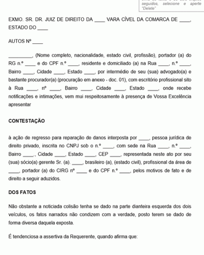 Modelo de Contestação à Ação Regressiva Interposta por Seguradora por alegar inexistência de culpa