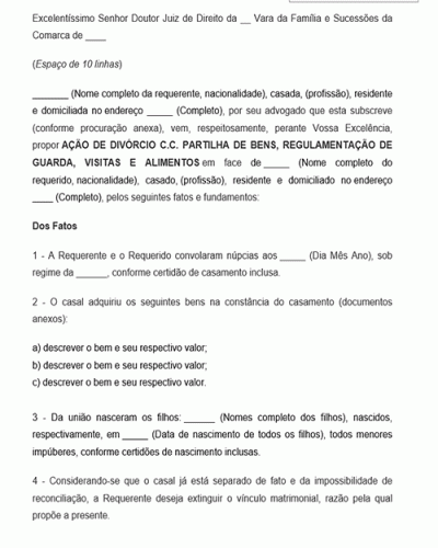 Modelo de Petição Ação de Divórcio Litigioso cc Partilha de Bens guarda visitas e alimentos - Novo CPC Lei n 13.105.2015