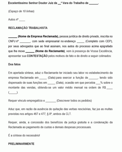 Modelo de Contestação com pedido de Vínculo Empregatício de Representação Comercial Novo CPC 13.105.2015