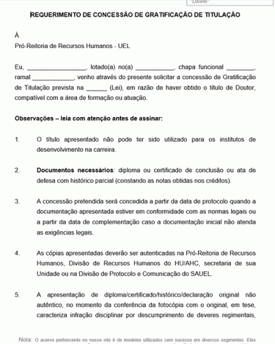 Modelo de Requerimento de Concessão de Gratificação de Titulação