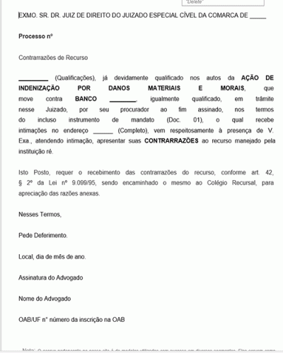 Modelo de Contrarrazões ao recurso sobre Ação de Indenização por Danos Morais e Materiais contra Banco por desconto Indevido