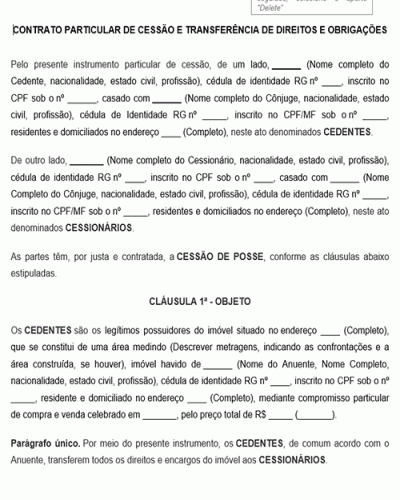 Modelo de Contrato Particular de Cessão e Transferência de Direitos e Obrigações