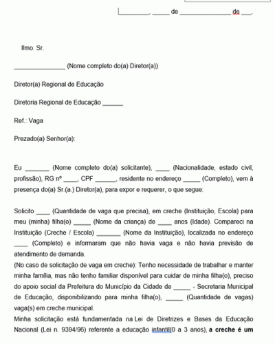 Modelo de Requerimento Solicitação de Vaga em Instituição de Ensino Escola Creche