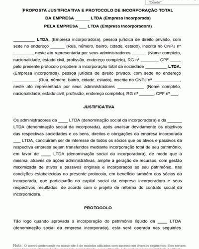 Modelo de Proposta Justificativa e Protocolo de Incorporação total da Empresa