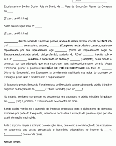 Modelo de Petição de de Exceção de Pré-Executividade - conforme Novo CPC Lei nº 13.105.2015