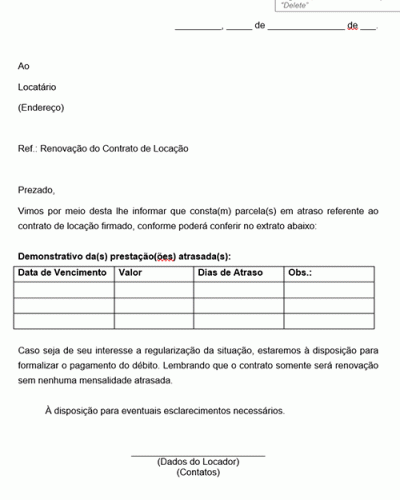 Modelo de Carta Comunicado sobre Débito de mensalidade de Contrato de Locação