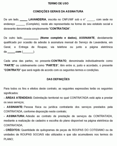 Modelo de Termo de Uso Condições gerais de Adesão à assinatura de Prestação de serviços de Lavanderia