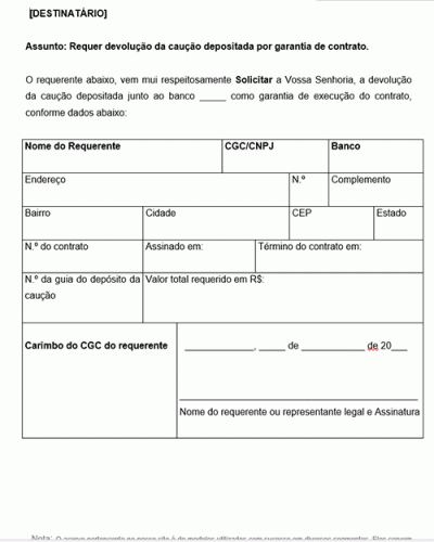 Modelo de Carta Solicitação Requerimento de Devolução de Valor Caucionado 