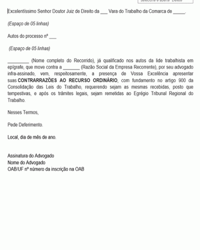 Modelo de Contrarrazões ao Recurso Ordinário Trabalhista conforme Novo CPC Lei n 13.105.2015