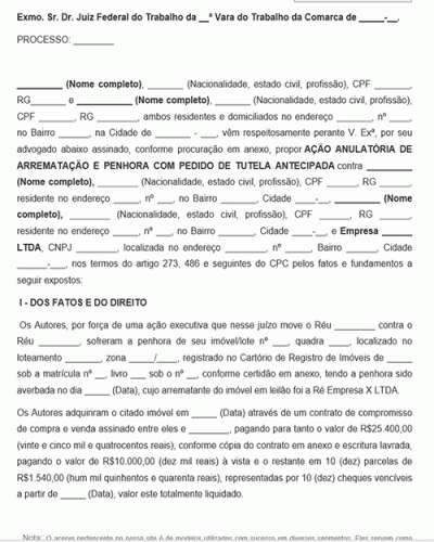 Modelo de Ação Anulatória de Arrematação e Penhora com Pedido de Tutela Antecipada