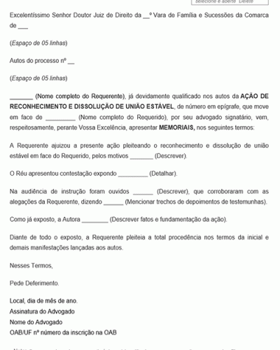 Modelo de Petição Ação de Reconhecimento e Dissolução de União Estável - Novo CPC Lei 13.105.2015