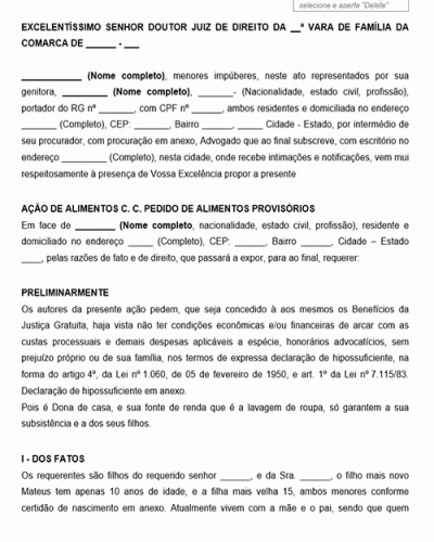 Modelo de Petição Ação de Alimentos cc Pedido de Alimentos provisórios