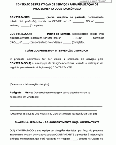 Modelo de Contrato de Prestação de Serviços para realização de Procedimento Odonto-cirúrgico