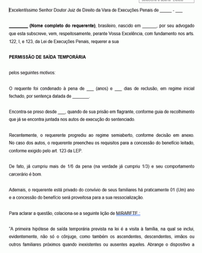 Modelo de Solicitação Pedido Permissão de Saída Temporária do sentenciado preso presidiário