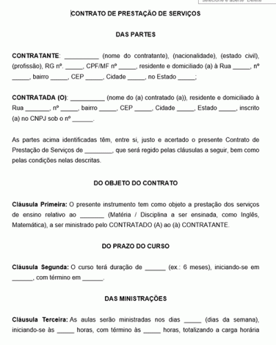 Modelo de Contrato de Prestação de Serviços Padrão de Professor Particular