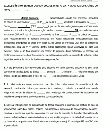 Modelo de Petição Pedido de Desbloqueio de Verbas e Salário