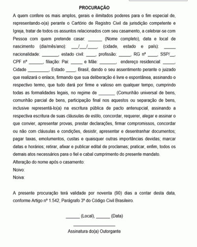 Modelo de Procuração para Casamento