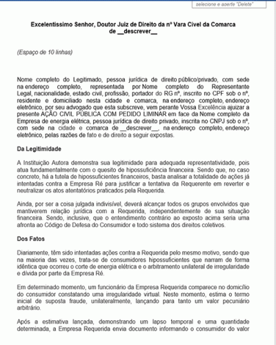 Modelo de Petição Ação Civil Pública contra empresa de energia elétrica - Novo CPC Lei 13105 2015