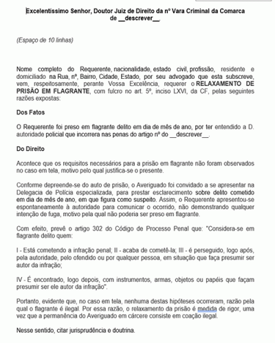 Modelo de Petição de Relaxamento de Prisão em Flagrante Delito Comparecimento Espontâneo do Suspeito à Delegacia