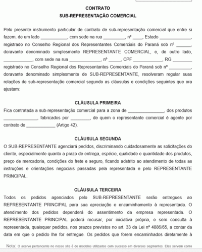 Modelo de Contrato de Sub-Representação Comercial