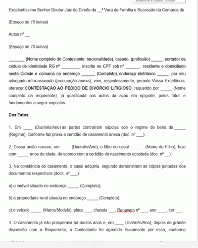 Modelo de Petição Contestação Ação de Divórcio Litigioso - Novo CPC Lei 13.105.2015