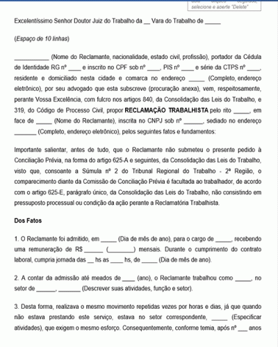 Modelo Petição Reclamatória Trabalhista LER DORT Doença Profissional - Novo CPC Lei 13.105.2015