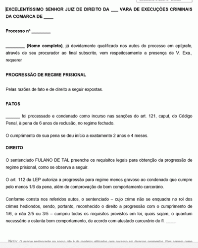 Modelo de Pedido de Progressão de Regime Prisional Fechado para Semiaberto Execução Penal