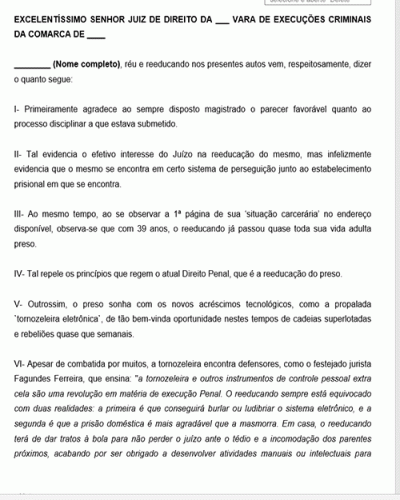 Modelo de Pedido de Tornozeleira para Apenado em regime semiaberto