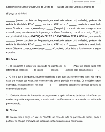 Modelo de Petição de Execução de Título Executivo Extrajudicial JEC Novo CPC Lei 13.105.15