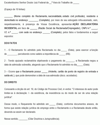 Modelo de Petição Declaratória Incidental Trabalhista - Novo CPC Lei 13.105.2015