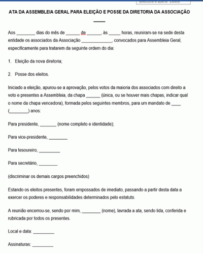 Modelo de Ata de Assembleia Geral para Eleição e Posse da Diretoria