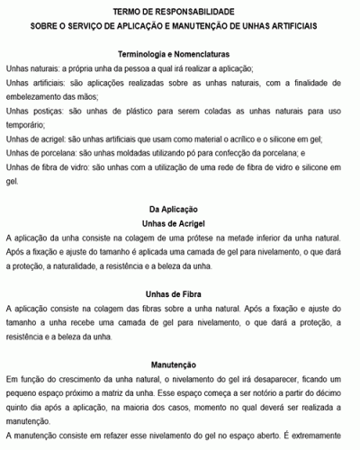 Modelo de Termo de Responsabilidade sobre o serviço de Aplicação e Manutenção de Unhas Artificiais