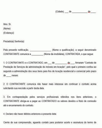 Modelo de Carta Notificação de Rescisão Distrato de Contrato de Administração Imobiliária