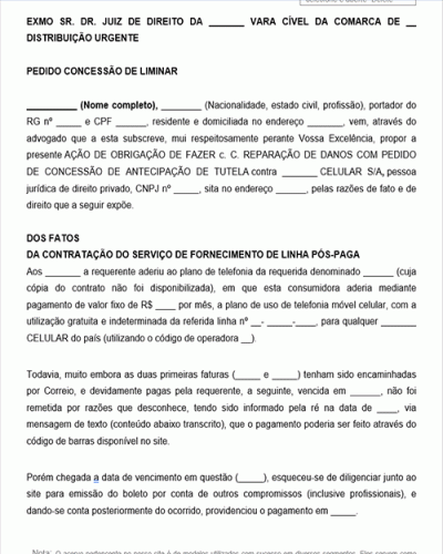 Modelo de Ação de Obrigação de Fazer cc Reparação de Danos com pedido de concessão de antecipação de tutela