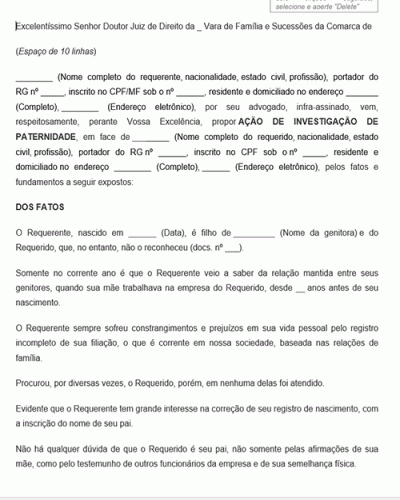 Petição Ação de Investigação de paternidade Pedido de filho maior Novo CPC Lei n 13.105.2015