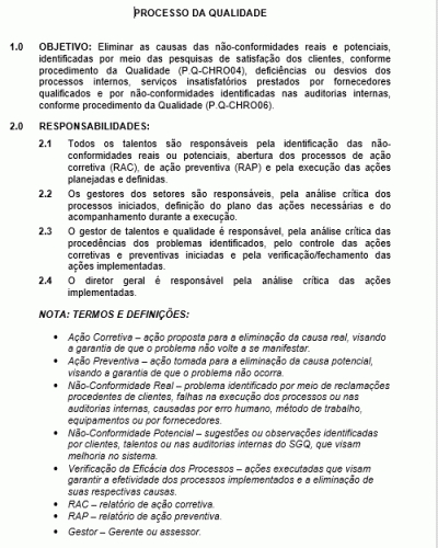 Modelo de Instrução de Trabalho - Processo da Qualidade - Ações corretivas e Preventivas