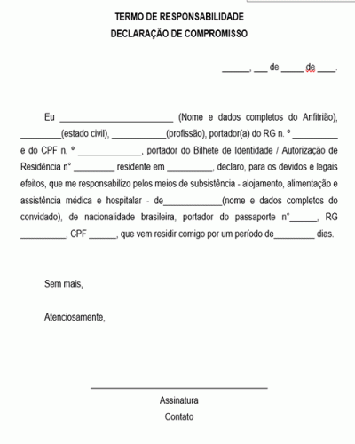 Modelo de Termo de Responsabilidade Declaração de Compromisso